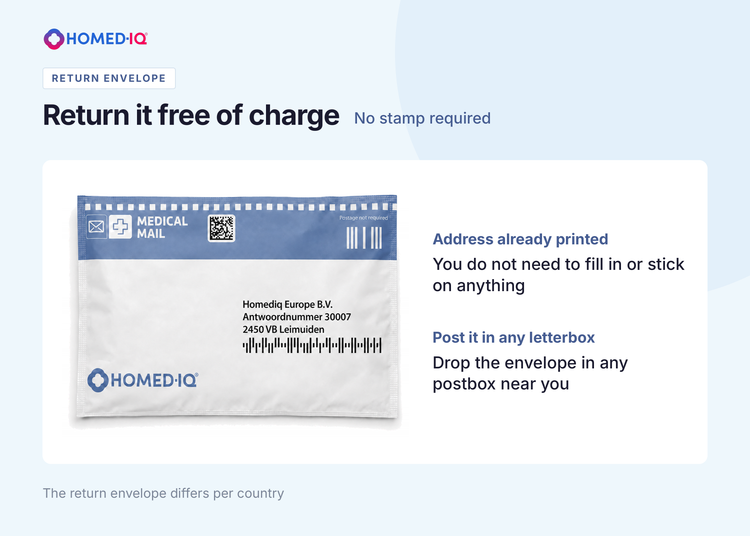 Homediq return envelope with the address pre-printed, free to post without a stamp.