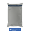 Gray mailer bag with a blue label on a white background